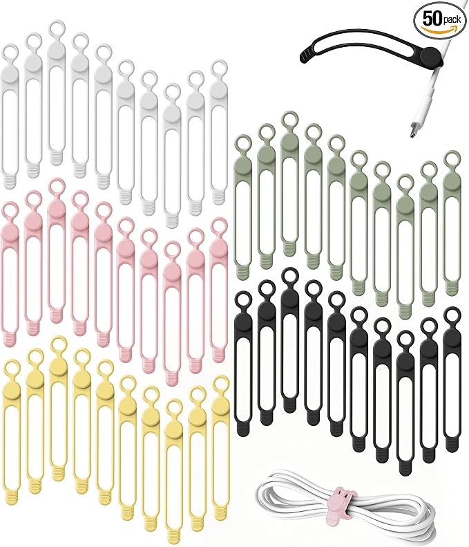 50Pcs Silicone Cable Ties Cord Organizer for Bundling Earphone, Phone Charger, Computer Cords, Reusable Wire Organizer Cable Management in Home,Office,Kitchen,School (5 Colors)