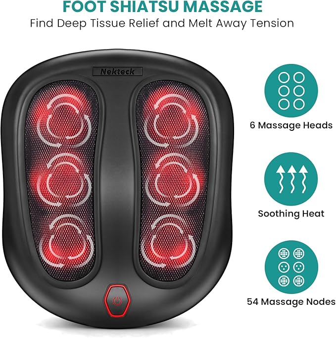 Nekteck Foot Massager with Heat, Shiatsu Heated Electric Kneading Foot Massager Machine for Neuropathy, Plantar Fasciitis, Feet Massage for Pain Relief, Circulation, Christmas Gifts for Man Woman Her