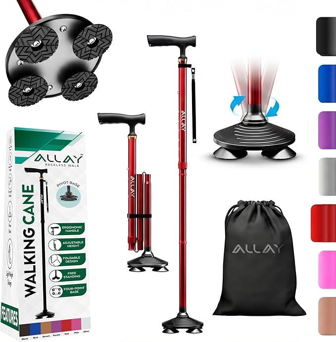 Allay Walking Canes for Men & Women - Adjustable Canes for Women for Stability, Self Standing Wide Quad Pivot Base, Light Weight, Soft Handle Grip and Travel Bag, Walking Sticks for Seniors