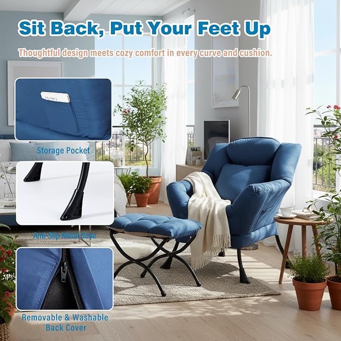 Lazy Chair with Ottoman, Comfy Reading Chair for Bedroom, Blue | Comfy Bedroom Accent Chair with Washable Removable Cover and extra throw pillow for Living Room Dorm