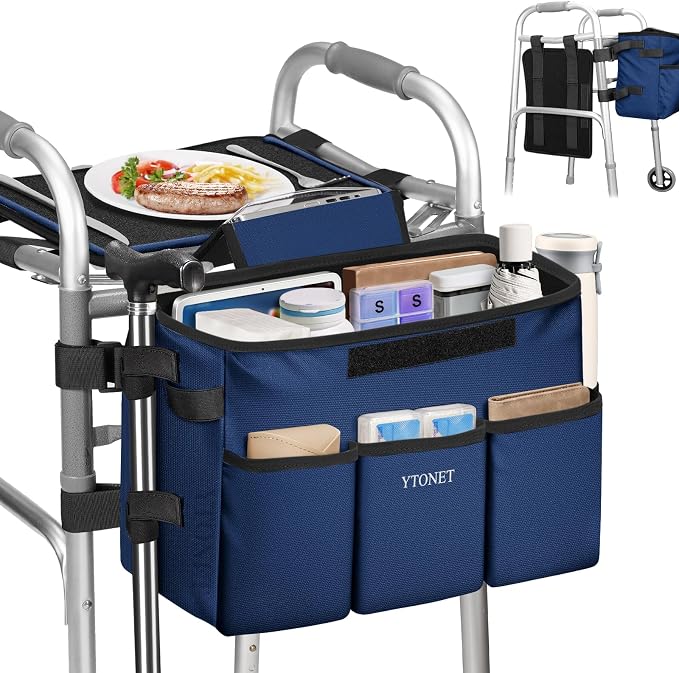 Ytonet Walker Basket with Tray, Removable Walker Tray for Folding Walker | Water Resistant Walkers Bag with Phone and Crutch Holder Large Capacity Anti-Tip Design Accessories for Seniors