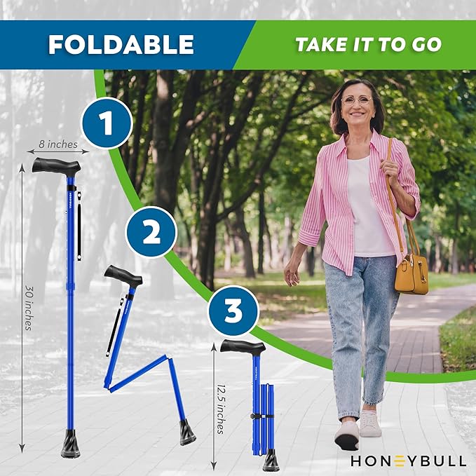 HONEYBULL Walking Cane for Men & Women – Foldable, Adjustable, Lightweight Cane with Air Cushion Tip for Stability & Ergonomic Grip, Heavy Duty Walking Sticks for Seniors