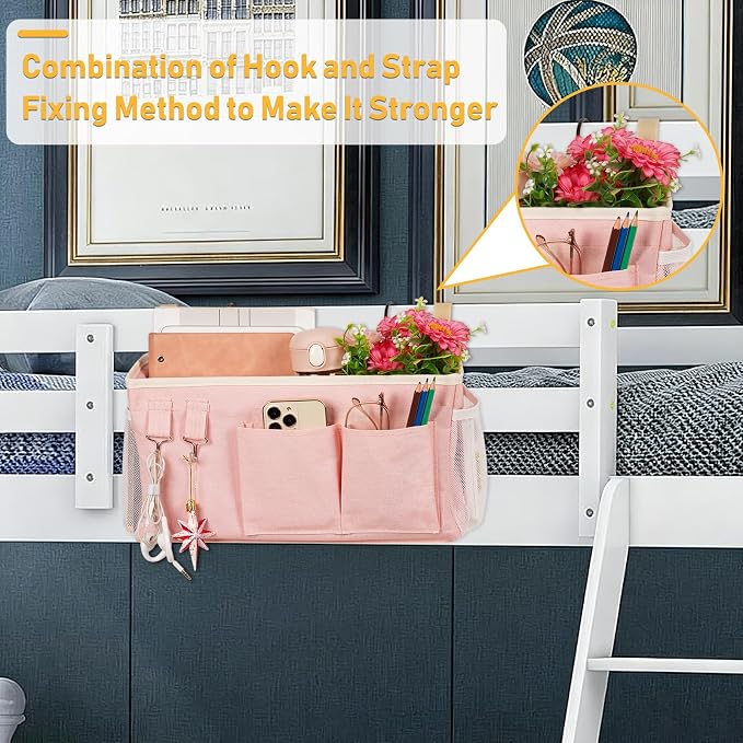 Lilithye Bedside Caddy, Bedside Storage Bag Hanging Organizer for Bunk Bed | Bed Caddy with Fixed Straps and Water Bottle Holder for Home, College Dorm, Bunk Bed, Hospital Bed and Crib Bed Rails