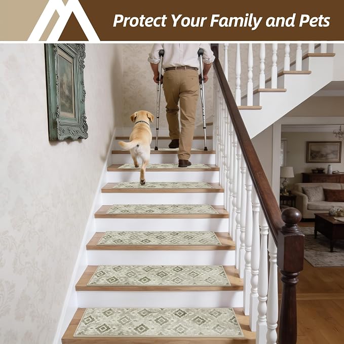 COSY HOMEER Stair Treads for Wooden Steps Indoor with TPE Backing,15Pcs | Non-Slip Carpet Stair Treads, Soft Peel and Stick Stair Runners,Pet-Friendly Stair Runner Washable Reusable,Meadow