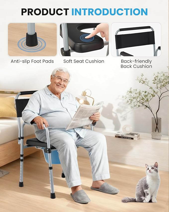 Bedside Commode, Foldable Adjustable Commode Toilet, 350 lb Capacity, Portable Bedside Toilet with Padded Seat & Backrest,bedside commodes for seniors and Mobility-Impaired Individuals