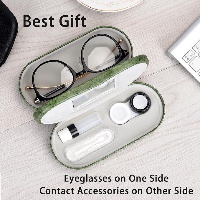 Muf 2 in 1 Contact Lens Case and Glasses Case, Double Sided Design with Mirror, Portable Travel Kit with Tweezer, Remover and Solution Bottle, Green