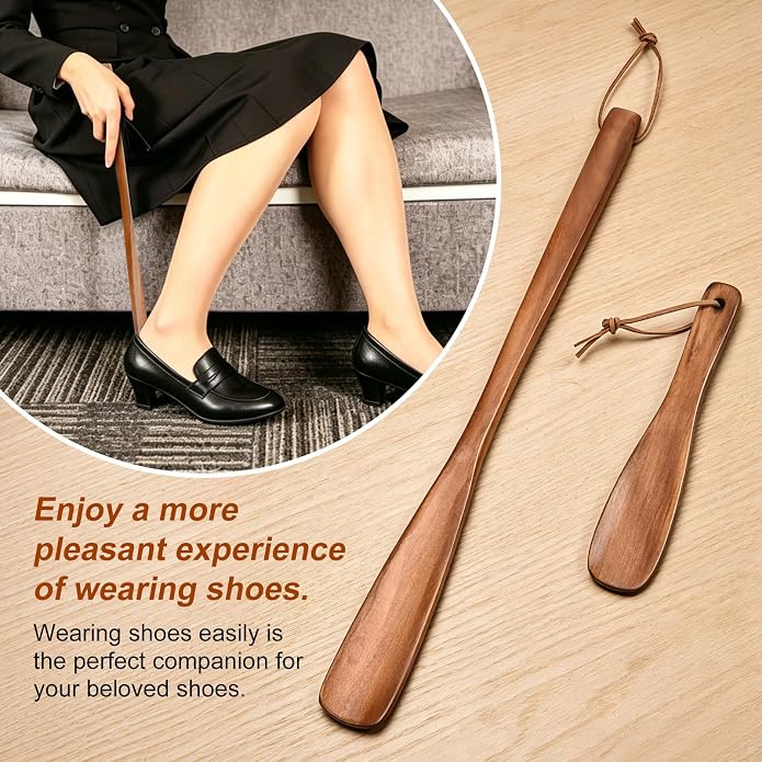 Shoe Horn Long Handle For Seniors Men Women, 2pcs Wooden Shoe Horns Set for Kids, Boots Sneakers Horn Shoe Helper for Home Or Travel