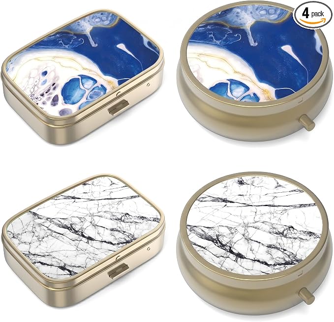 Pill Organizer Pill Box with Mirror Retro Small Pill Case for Purse or Pocket Bronze Pill Box or Vitamins, Fish Oil, Supplements, Pill Containe Travel Gifts（4PCS-Marble-White-Bule）