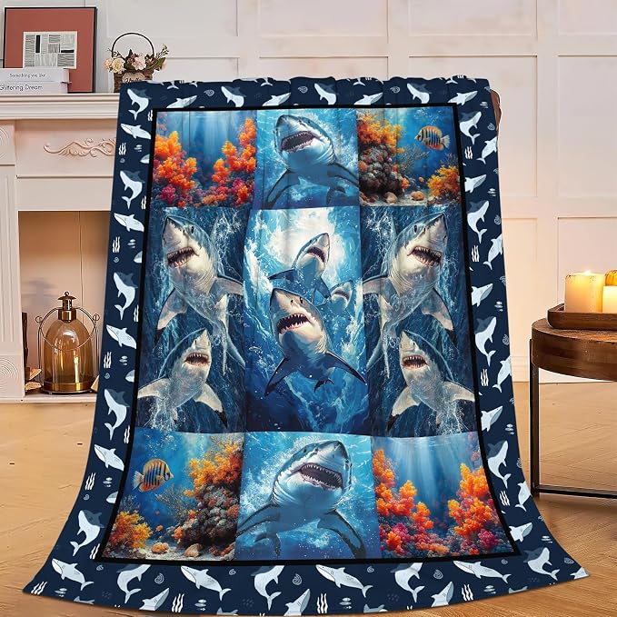 Yibuda Shark Blanket Ocean Underwater Flannel Plush Throw Blanket Cozy Nautical Coral Decor Fleece Stuff Blanket Gifts for Lover Girls Boys Kids Adults Women Bed Travel 60"x80"
