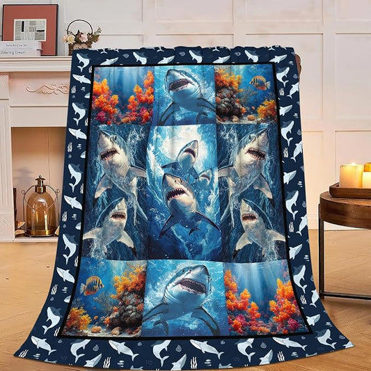 Yibuda Shark Blanket Ocean Underwater Flannel Plush Throw Blanket Cozy Nautical Coral Decor Fleece Stuff Blanket Gifts for Lover Girls Boys Kids Adults Women Bed Travel 60"x80"