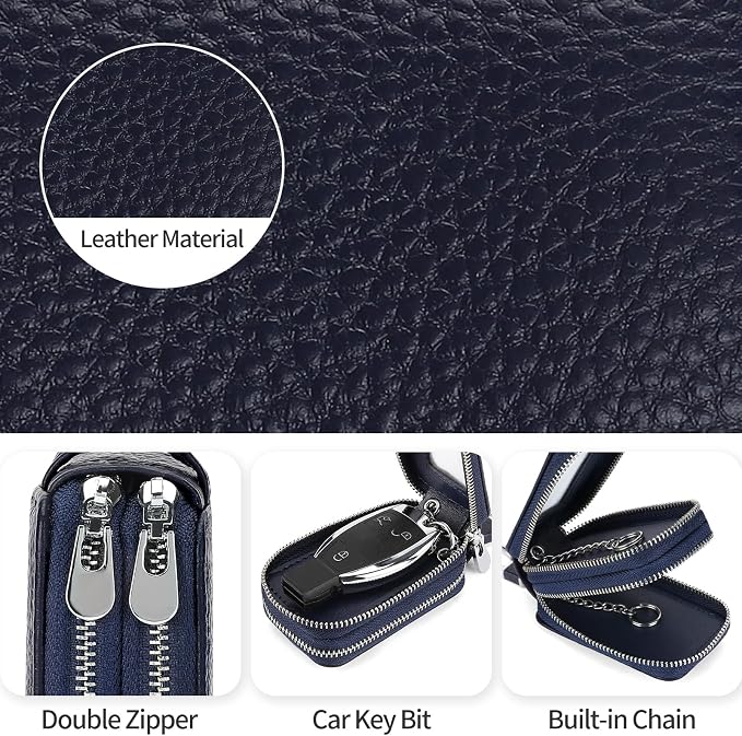 SENDEFN Car Key Fob Case Double Zipper Leather Smart Remote Keychain Protector Holder with Transparent Window