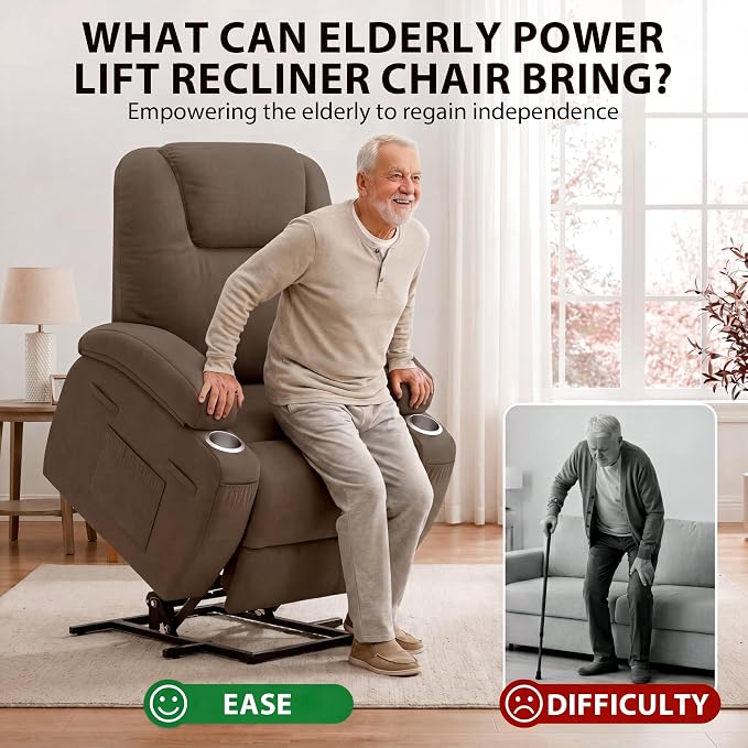JUMMICO Power Lift Recliner Chair for Elderly with Vibration Massage | Recliner Chair Ergonomic Lift Chair Cup Holder for Living Room (Leathaire, Dark Brown)