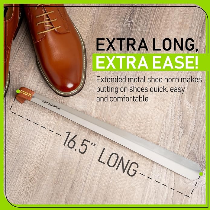Untethered Long Metal Shoe Horn with Leather Handle | Durable Shoe Spoon for Seniors, Men, Women & Kids | Easy-to-Use Boot & Ski Shoehorn | Sturdy Long Handle Shoehorn.