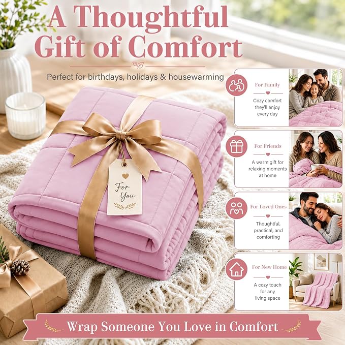 L'AGRATY Weighted Blanket for Adults 15lbs, 48"x72", Pink Twin Full Size Heavy Throw Blanket, Cooling, Breathable, Microfiber with Glass Beads, Big, Washable, All-Season