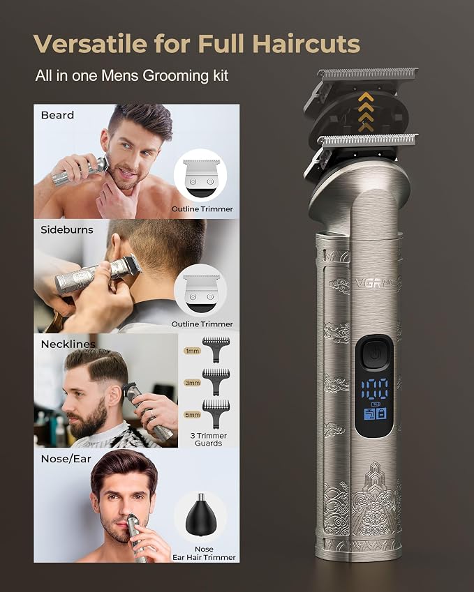 VGRPRO Hair Clippers for Men Professional, Cordless Clipper and Trimmer Set | 7000RPM Grooming Kit with EVA Case, LED display, 14 Guide Combs (including Right & Left Ear Taper Combs), Nose Trimmer Head