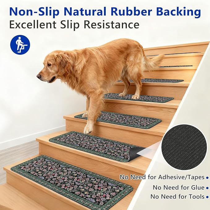 Vintage Floral Stair Treads Non Slip Carpet Stair Treads for Wooden Steps Indoor 15PCS 30"x8" Stair Runner Stair Mats Safety Staircase Step Treads for Elders Kids Dogs Dark Green