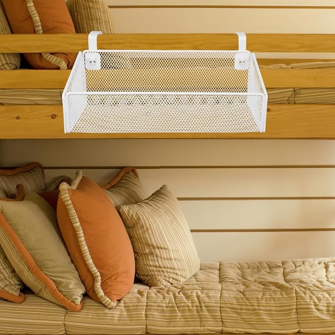 Luxshiny Bedside Hanging Storage Basket Organizer with Hooks Wire Mesh Shelf for Dorm Bunk Bed Essentials Bedroom Office