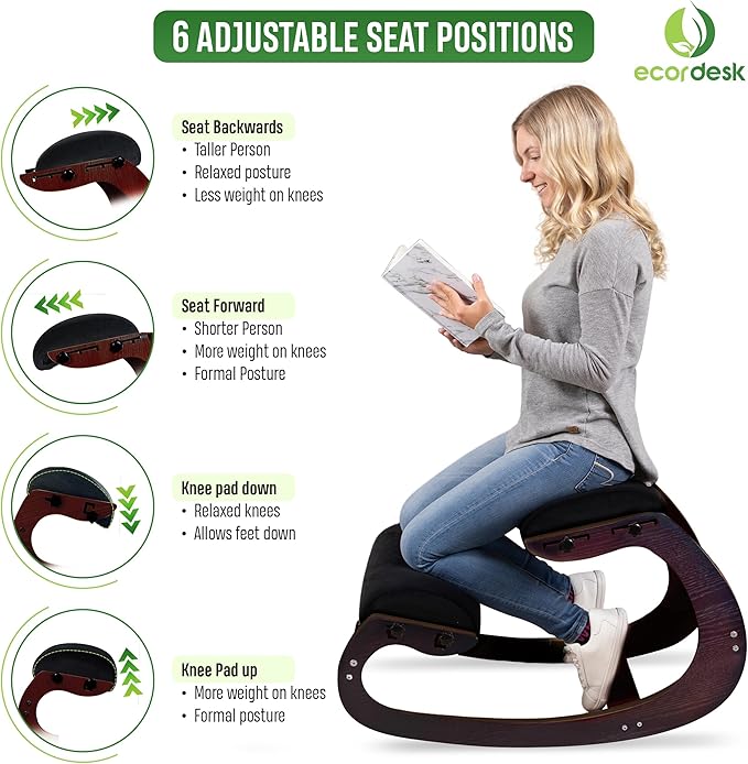 Ergonomic Kneeling Chair - Natural Latex Foam - Posture Chair for Desk with Adjustable Seat & Knee Pad, Rocking Knee Chair for Upright Posture (Walnut)
