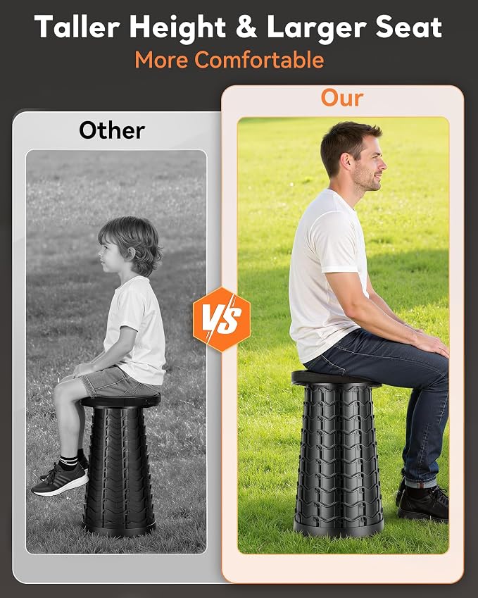Portable Heavy Duty Collapsible Stool - Adjustable Stool for Camping | Wide Seat, 20.3'' Extra Tall, 1000 LBs Load Capacity, Retractable, Folding Chair for Fishing, Hunting & Outdoor