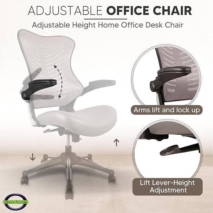 OfficeFactor Executive Ergonomic Computer Office Chair Back Mesh Bonded Leather Seat Flip-up Arms Lumbar Support Molded Foam Seat Adjustable Height Home Office Desk Chair (Grey)