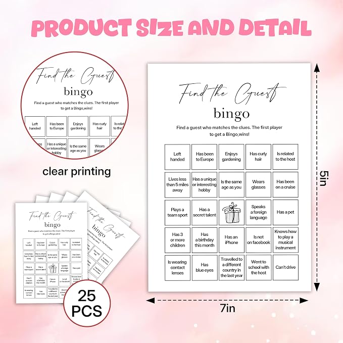 Birthday Party Games, Find The Guest Bingo, 25 Pcs Card Set for Guests, Fun Birthday Game for Teen Adults – A08