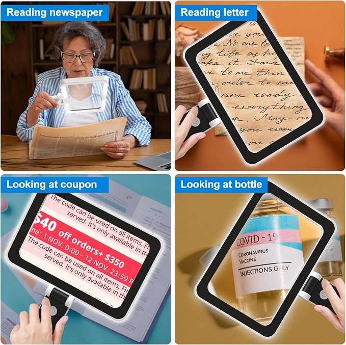 3X Magnifying Glass for Reading Handheld, Large Full Page Magnifier with Light, Lightweight Rectangular Book Magnifying Sheet for Reading Small Prints for Senior, Low Vision