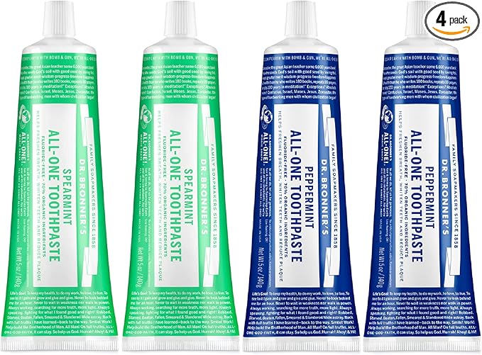 Dr. Bronner’s - All-One Toothpaste Variety Pack - Peppermint & Spearmint, 70% Organic Ingredients, Fluoride-Free, Helps Freshen Breath, Vegan (5oz, 4-Pack)