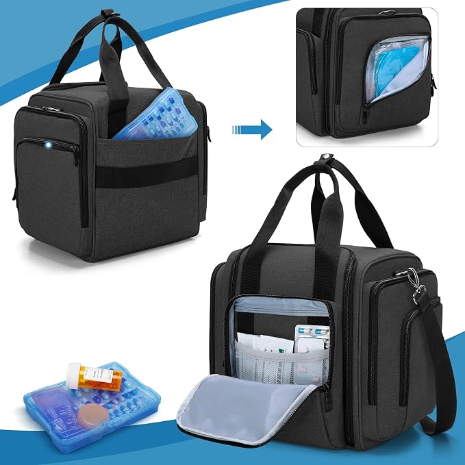 BAFASO Large Pill Bottle Organizer with 4 Inner Removable Pouches, Black | Medicine Bag Come with Shoulder Strap, BAG ONLY.