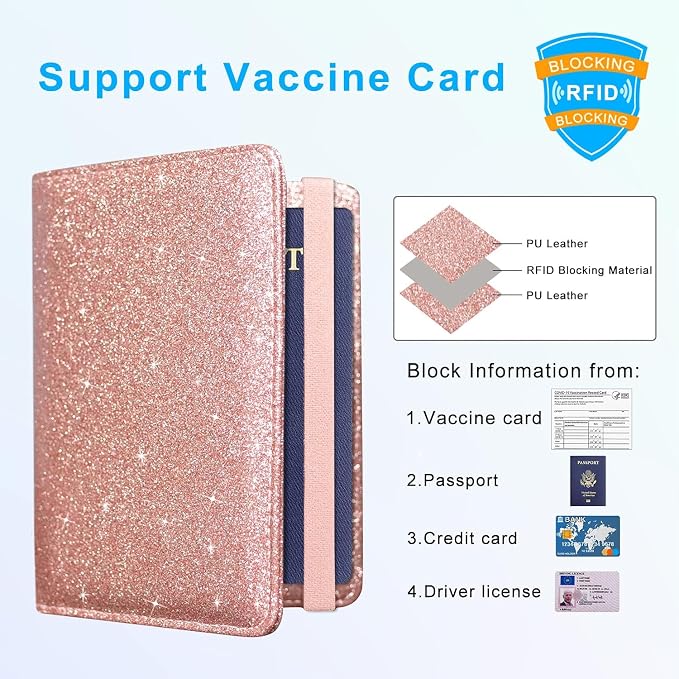 ACdream Unisex Faux Leather Passport and Vaccine Card Holder, Glitter Rose, RFID Blocking, Protects Valuable Information
