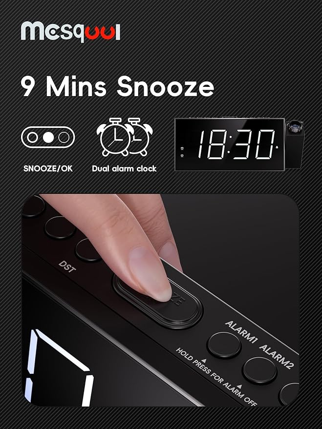Mesqool Projection Alarm Clock with Bed Shaker, Dual Alarms, 180° Projector, 5-Level Dimmer, USB Phone Charger, Battery Backup, Loud Vibrating Alarm Clock for Heavy Sleepers, Snooze, DST