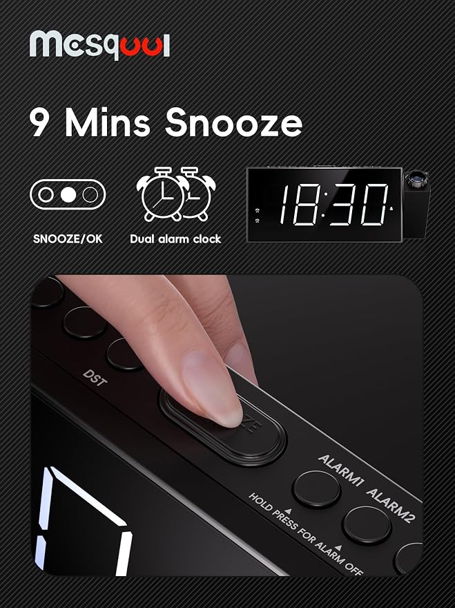 Mesqool Digital Projection Alarm Clock with Dual Alarms, 5 Levels Dimmer | Plug-in Clock with 180° Projection on Ceiling Wall,Battery Backup,12/24H & DST, USB Charging Port,Snooze for Heavy Sleepers