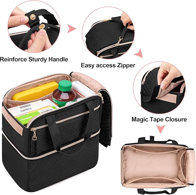Damero Double Layers Pill Bottle Organizer Empty with 4 Customized Dividers | Lockable Medicine Storage Bag Medication Travel Bag for Prescription Bottles, Medical Supplements, Black