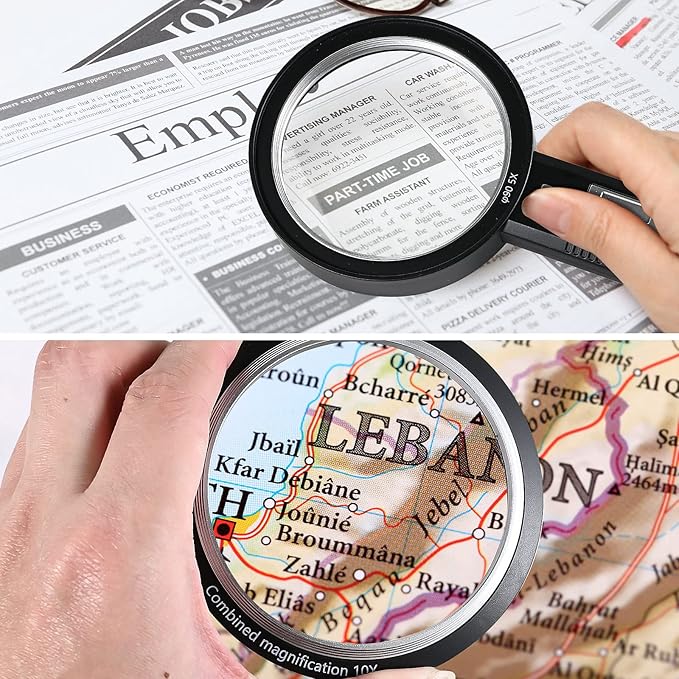 Magnifying Glass with Light, USB Rechargeable 5X 10X 15X Handheld Magnifying Glass Double Lens Magnifier 8 Light for Reading Small Prints, Seniors Reading, Books, Map, Coins