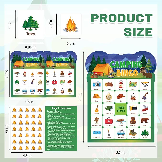 24 Player Camping Bingo Game Cards for Group Activities Party Supplies