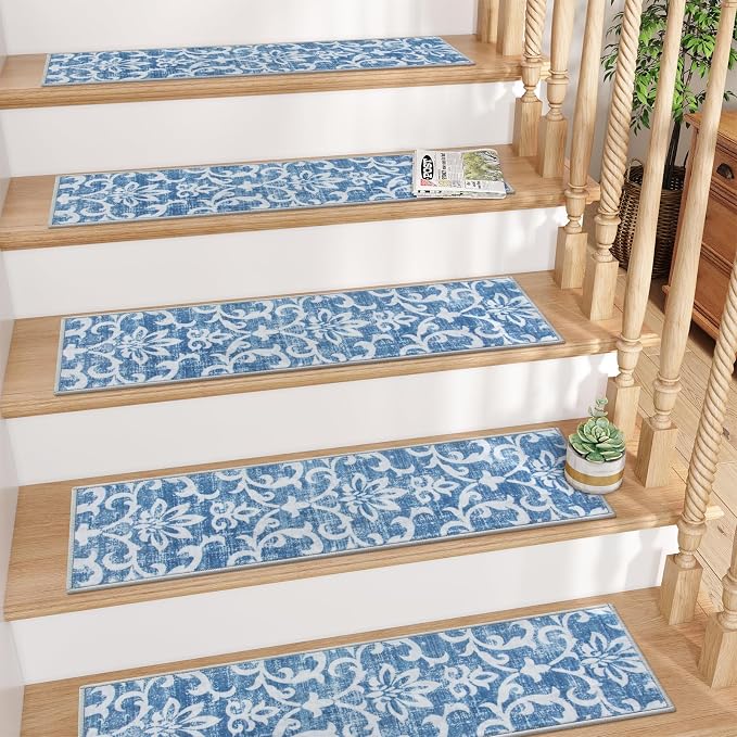 Lahome Carpet Stair Treads Non Slip, 15 Pack Stair Treads for Wooden Steps | 8"X30", Rubber Backing Soft Washable Stairway Stair Runners Staircase Rugs for Kids Pets Elders(15pc Blue)