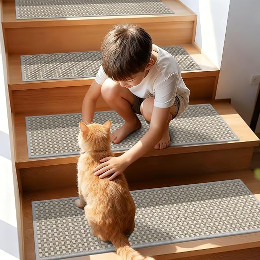 DEXDE Stair Treads for Wooden Steps 15-Pack Non-Slip Indoor, 9" x 30" Grey | Chenille & Linen Blend Carpet Stair Runners Backing, Soft Self-Adhesive Washable Stairway Step Covers for Kids Elders Dogs