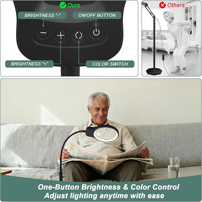 10X 30X Magnifying Glass with Light and Stand, 5" Large Floor Magnifier for Close Work, 5 Color Modes, Lighted Magnifying Lamp for Reading, Jewelers, Crafts, Sewing