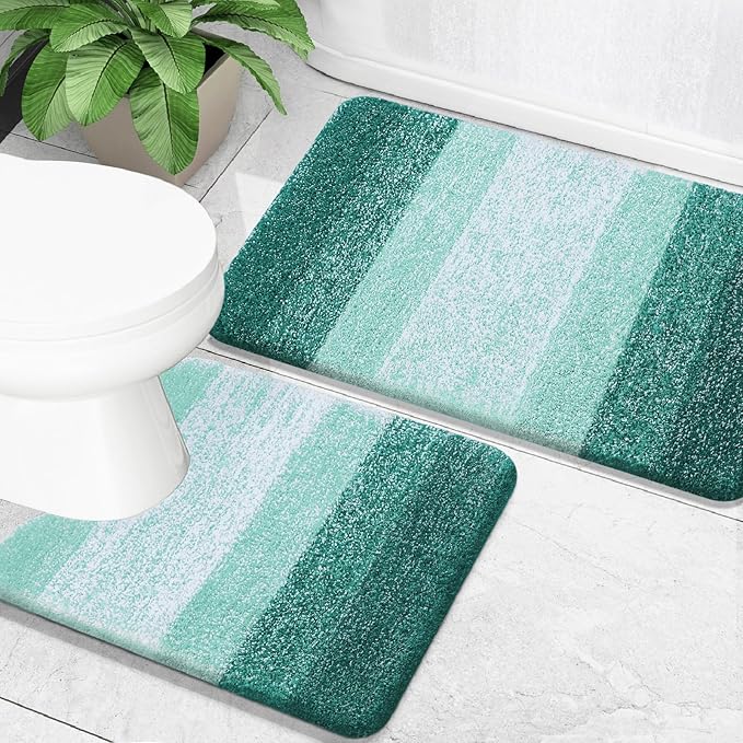 OLANLY Bathroom Rug Set 2 Piece, Soft Absorbent Microfiber Bath Mats and U-Shaped Contour Toilet Rug, Non-Slip, Machine Wash Dry, Plush Shaggy Bath Mats for Bathroom (30"x20"+U24 x20, Blackish Green)