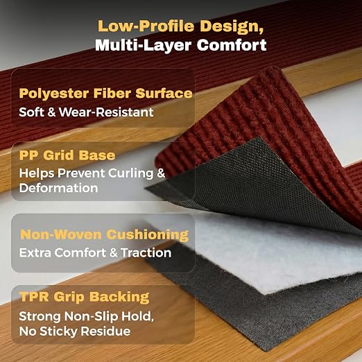 MBIGM Carpet Stair Treads for Wooden Steps, 15 Pack, 8" x 30", Red Stripe | Four-layer polyester carpet with PP grid base, nonwoven cushion and TPR adhesive backing adds indoor traction and comfort