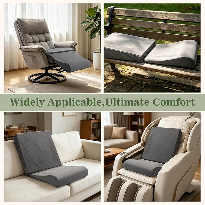 Wedge Recliner Cushion with Wave Shape Footrest for Long Sitting Elderly 35D High-Density Foam Ergonomic Recliner Pads with Non-Slip Bottom Footrest Extender Pillow with Elastic Straps