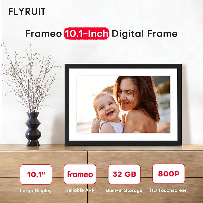 Frameo 10.1" Digital Picture Frame WiFi Wood, 1280 * 800 IPS HD Touchscreen, 32GB Storage, Instant Share Photo Video, Gifts for Mom, House Warming