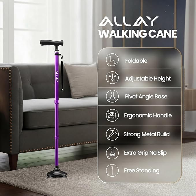 Allay Walking Canes for Men & Women - Adjustable Canes for Women for Stability, Self Standing Wide Quad Pivot Base, Light Weight, Soft Handle Grip and Travel Bag, Walking Sticks for Seniors