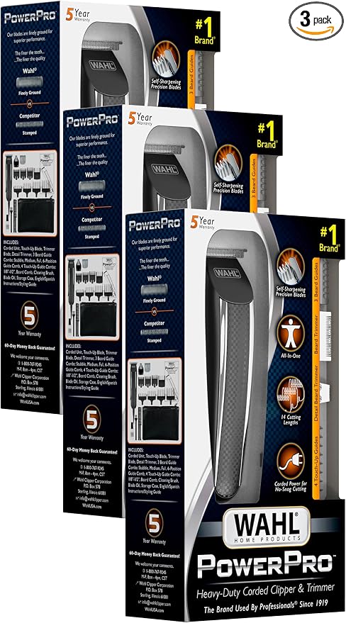 Wahl PowerPro Corded Detailer Trimmer Kit for Mens Grooming – for Beard, Mustache, Stubble, Ear, Nose, & Body Grooming – Model 9686, (Pack of 3)