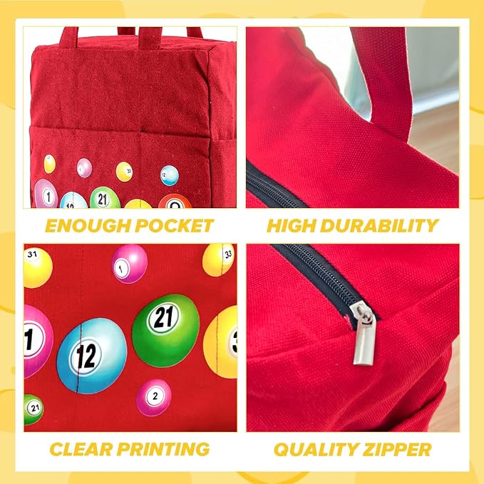 Bingo Bags with Pockets on Clearance, Bingo Bag with Zipper and Polyester Bingo Daubers Makeup Bag, Bingo Bags and Accessories Tote Gifts Game Suitable for Women and Girls (Red)