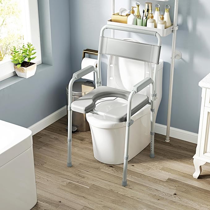 HOMCOM 4 in 1 Bedside Commode Shower Chair Portable Toilet Raised Toilet Seat with Handle for Seniors, Adults, Handicap, Adjustable Height, Gray