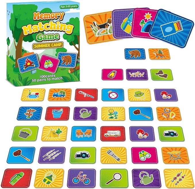 gisgfim 100 PCS Memory Matching Game for Kids Summer Camp Concentration Memory Card for Preschool Educational Ages 3-8 A Fun & Fast Camp Theme Matching Games