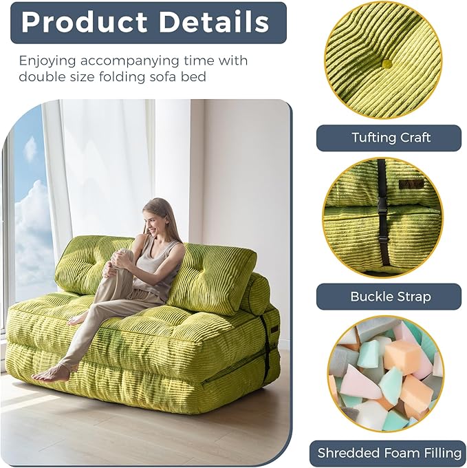 MAXYOYO Folding Sofa Bed, Convertible Sleeper Chair with Pilow Foldable Matress with Back Support, Portable Fold Out Chair Bed for Living Room Bedroom, Green Double