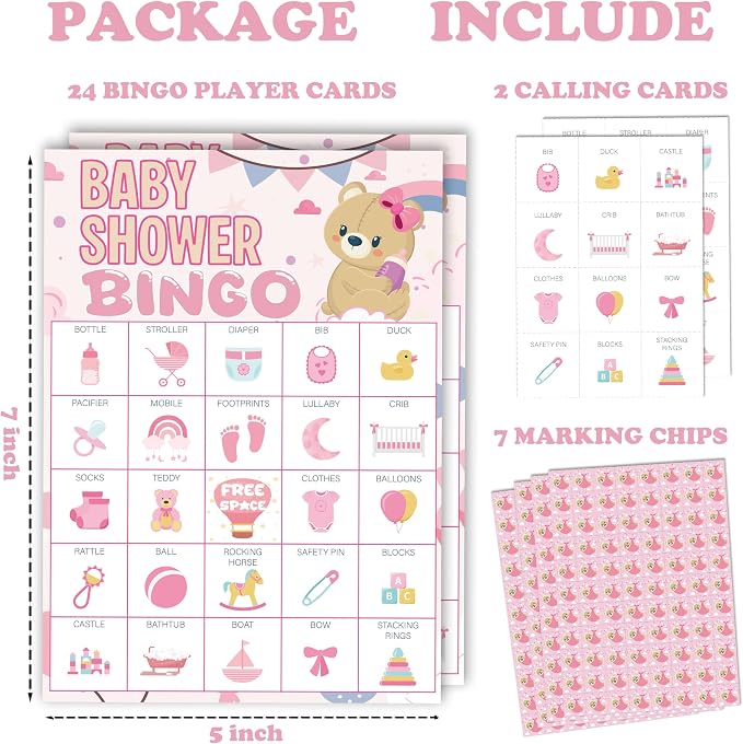 Baby Shower Bingo Game Cards Set for Guests Adults, Pink Bear Baby Shower Party Bingo Game Gender Reveal Bingo Game for Family Friends Large Group Activity, Favors Supplies Decorations