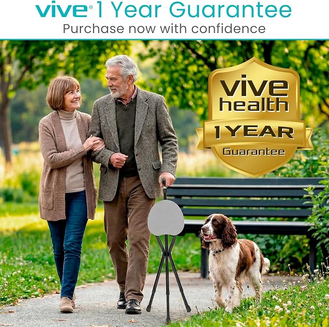Vive Cane with Seat for Seniors - 2-in-1 Portable Cane w/Stool for Adults - Adjustable Walking Stick w/Folding Chair - Lightweight Aluminium, Anti-Slip, Easy Carry