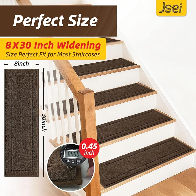 JSEI Stair Treads for Wooden Steps Indoor, 4-Pack, 30" x 8", Brown | Non Slip Stair Treads, Washable Polyester Stair Mats with TPE Backing, Low Profile Stair Rugs for Kids, Seniors and Dogs